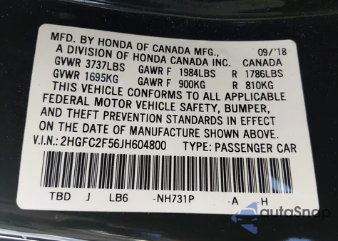 2018 Honda Civic Lx из США, поврежденный, VIN 2HGFC2F56JH604800